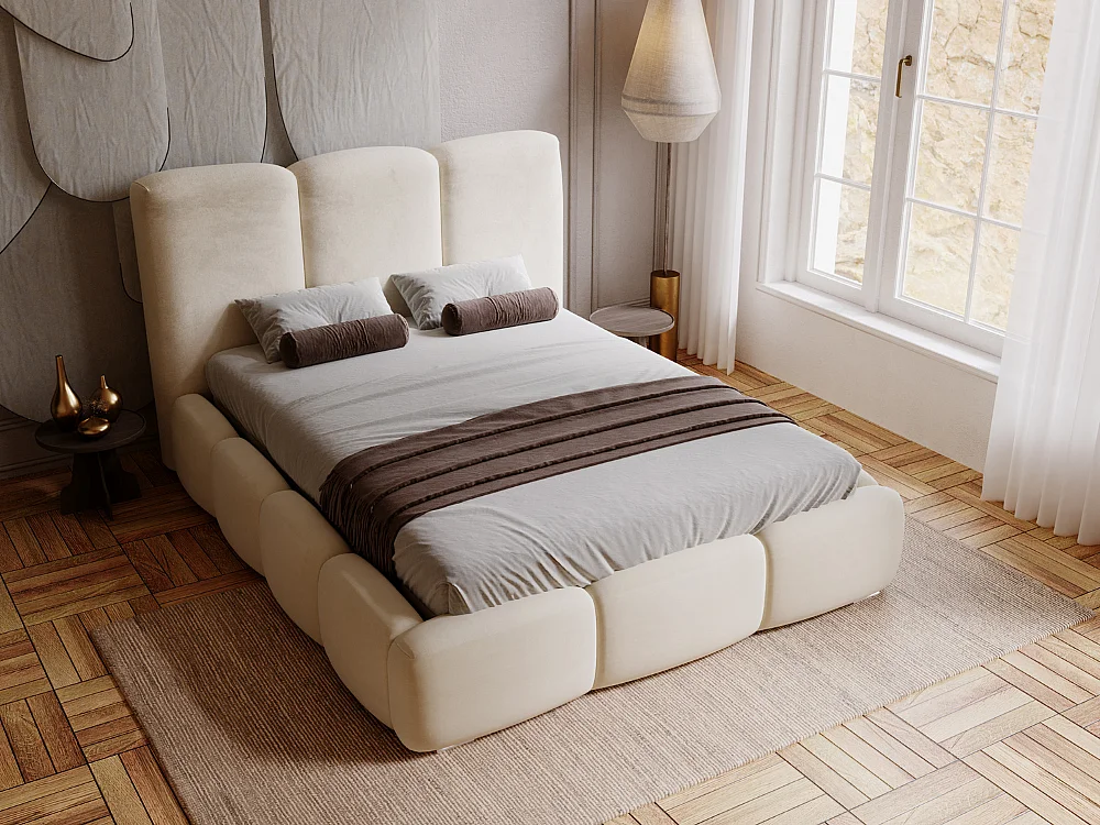 Gestoffeerd bed Bubble 120x200 beige - opbergruimte voor beddengoed, houten lattenbodem, doorgestikt hoofdbord en bedframe
