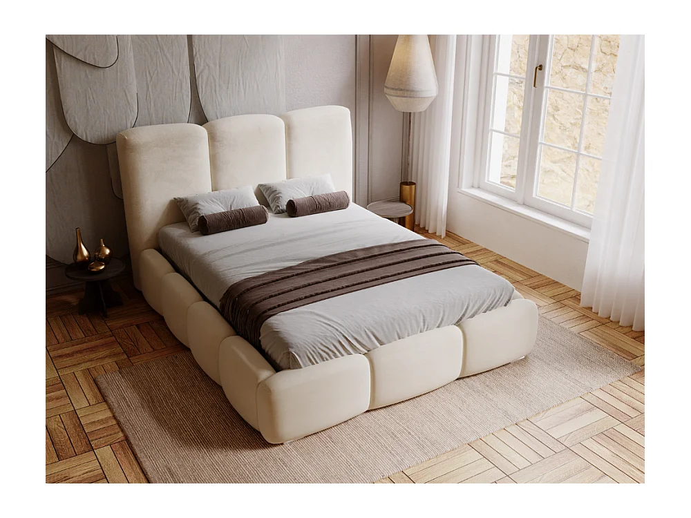 Lit rembourré avec rangement - 120 x 200 - lit double - velours - beige - Bubble