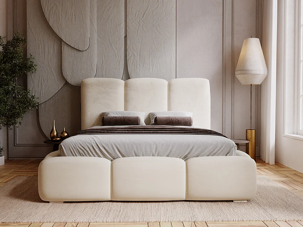 Lit rembourré avec rangement - 120 x 200 - lit double - velours - beige - Bubble