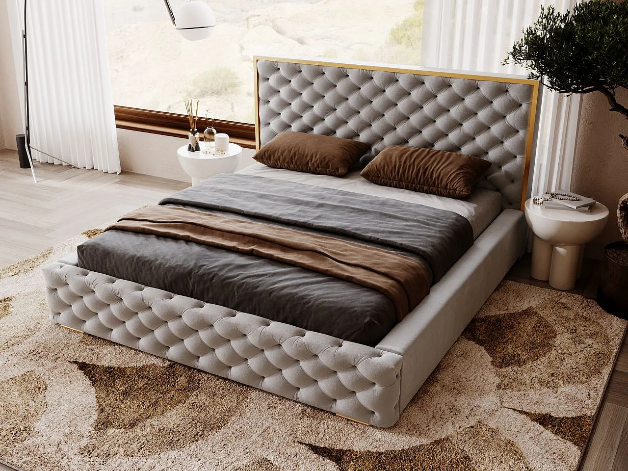 Lit rembourré avec rangement - 200 x 200 - lit double - velours - gris - Wave