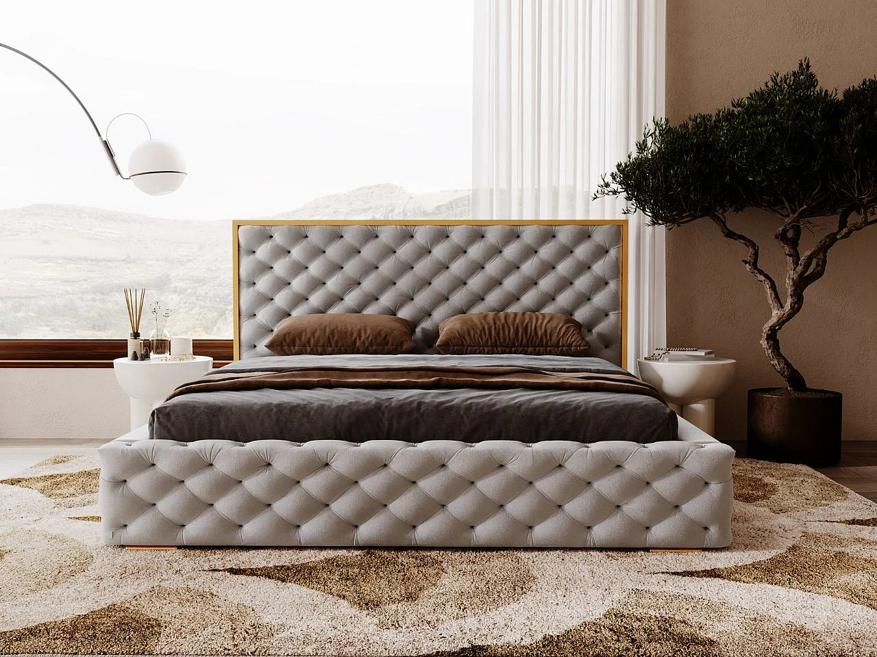 Lit rembourré avec rangement - 200 x 200 - lit double - velours - gris - Wave