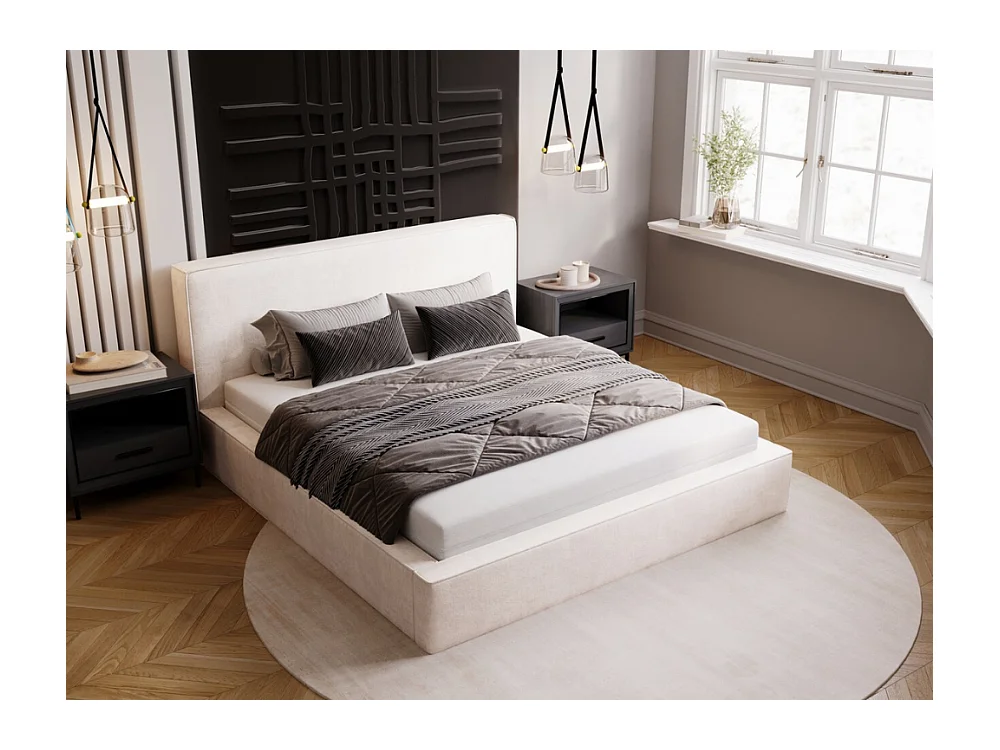 Lit rembourré avec rangement - 160 x 200 - lit double - velours - crème - Monaco