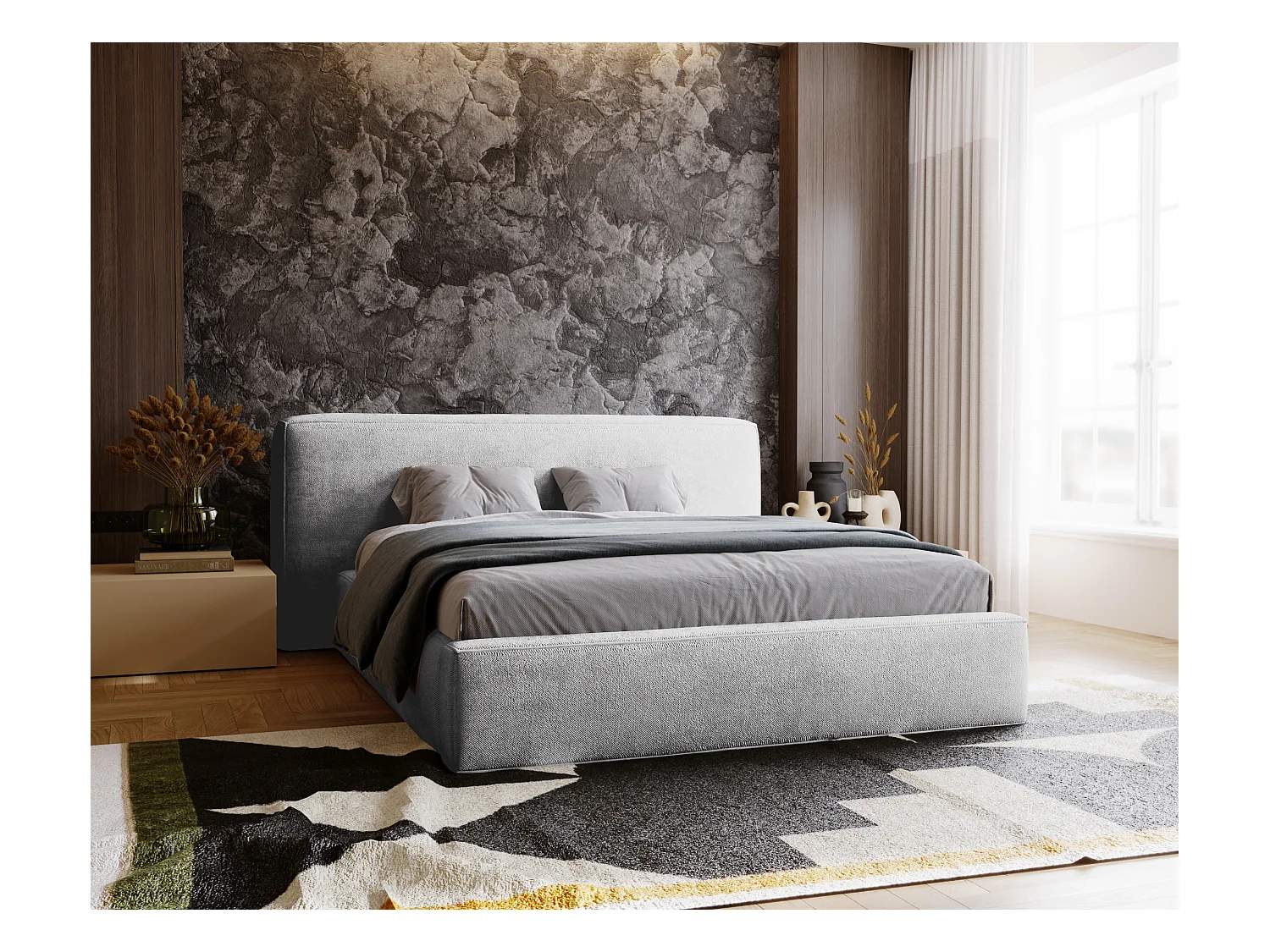 Lit rembourré avec rangement - 120 x 200 - lit double - chenille - gris clair - Monza
