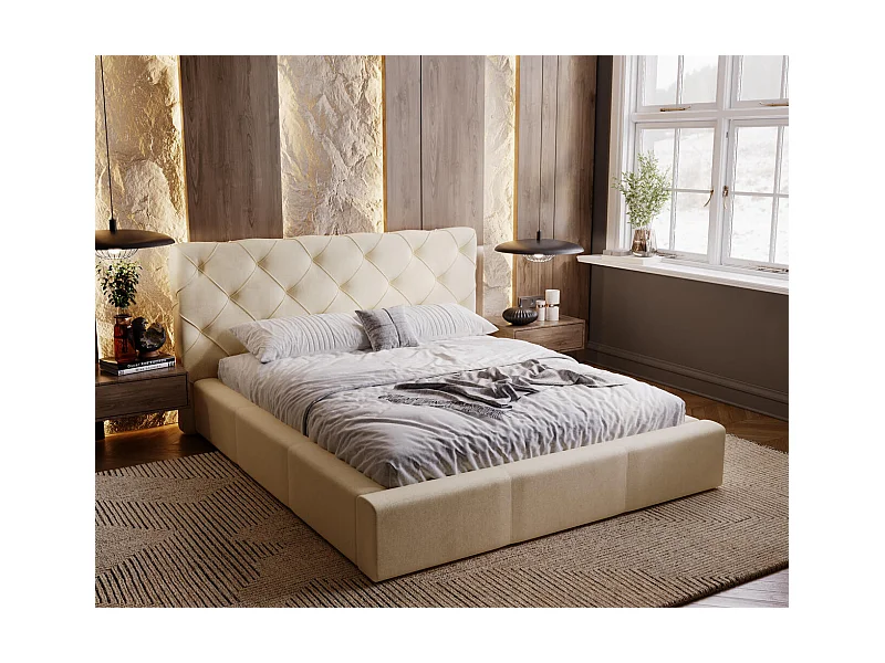 Lit rembourré avec rangement - 180 x 200 - lit double - velours - beige - Milano