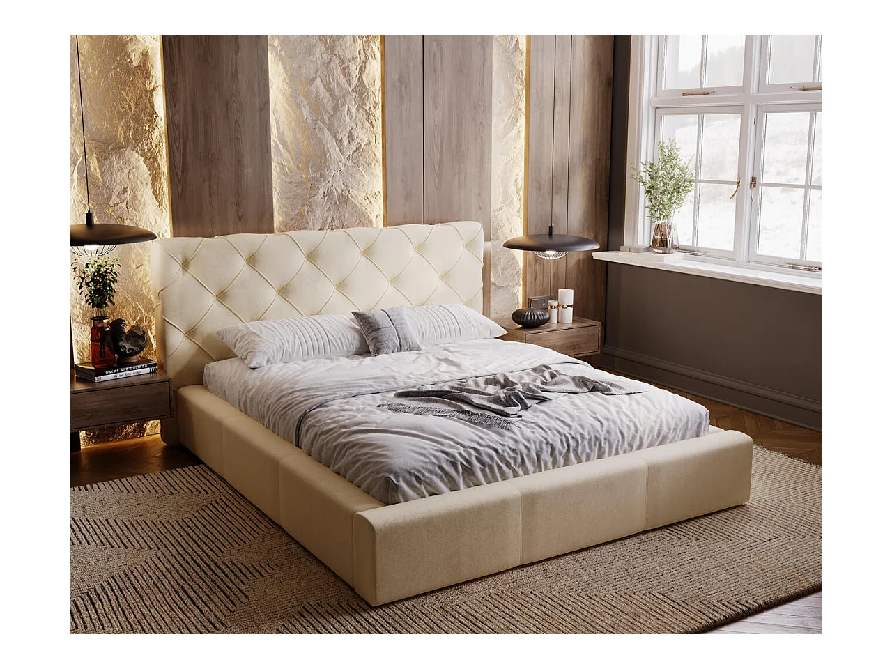 Lit rembourré avec rangement - 180 x 200 - lit double - velours - beige - Milano