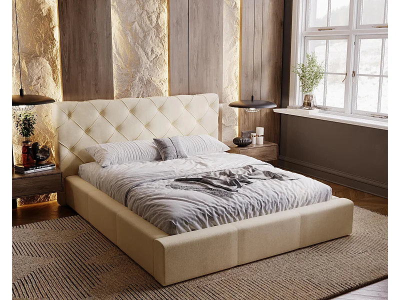 Gestoffeerd bed Milano 180x200 beige - opbergruimte voor beddengoed, houten lattenbodem, doorgestikt hoofdbord en bedframe