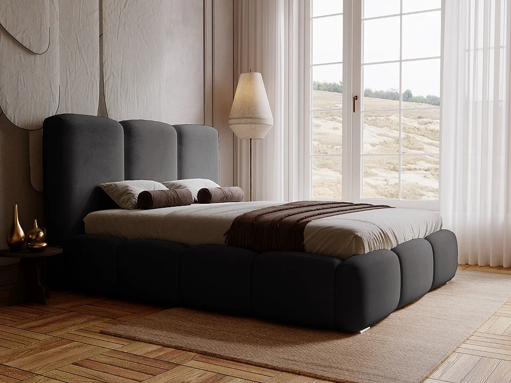 Lit Double 140x200 Capitonné – Tête De Lit Rembourrée, Sommier à Lattes, Tissu Lin, Gris