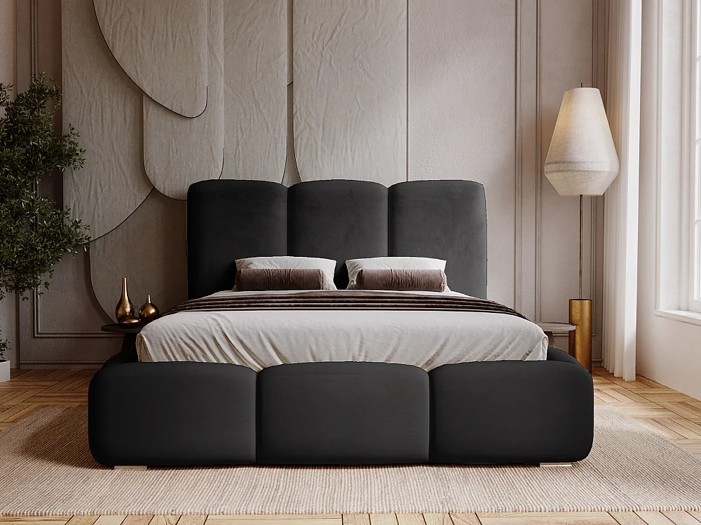 Polsterbett mit Bettkasten - 140 x 200 - Samtstoff - Schwarz - Bett mit Lattenrost - BUBBLE
