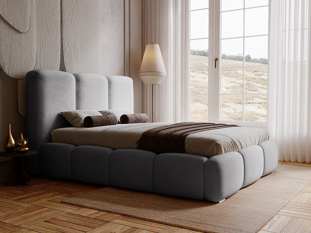 Gestoffeerd bed Bubble 180x200 grijs - opbergruimte voor beddengoed, houten lattenbodem, doorgestikt hoofdbord en bedframe