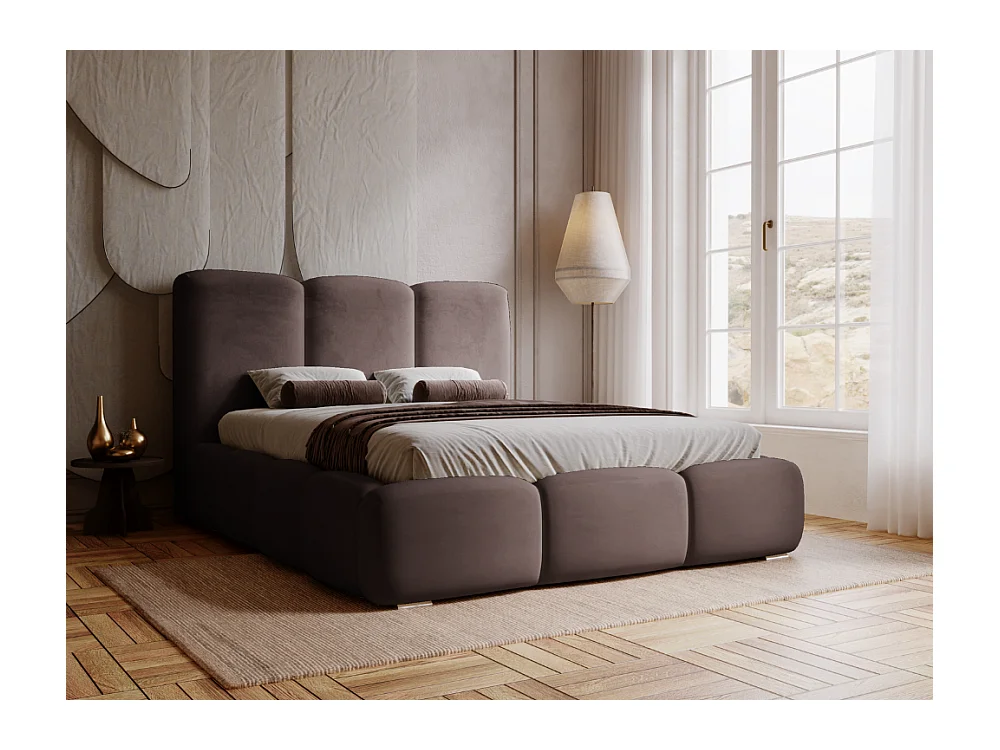 Lit rembourré avec rangement - 120 x 200 - lit double - velours - marron - Bubble