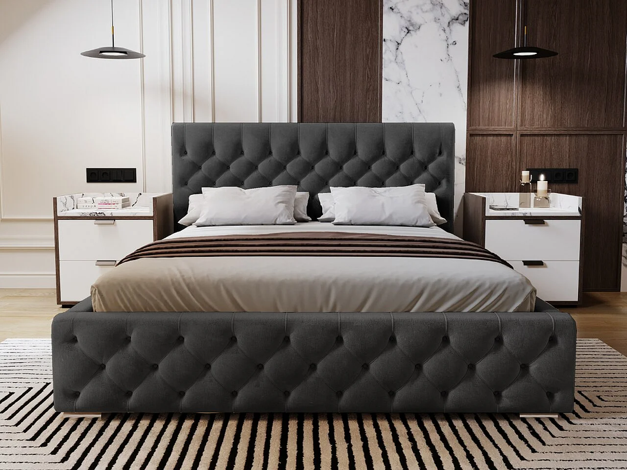 Lit rembourré avec rangement - 160 x 200 - lit double - velours - noir - Velutto