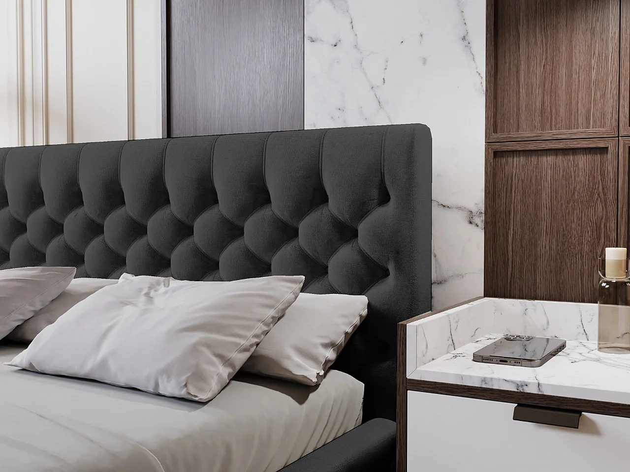 Lit rembourré avec rangement - 160 x 200 - lit double - velours - noir - Velutto