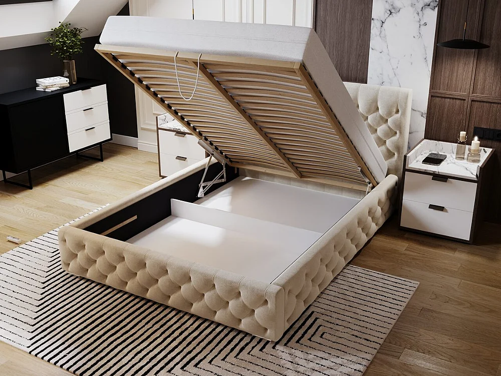 Lit rembourré avec rangement - 160 x 200 - lit double - velours - noir - Velutto