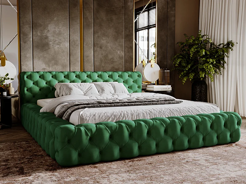 Lit rembourré avec rangement - 140 x 200 - lit double - velours - vert - Palini