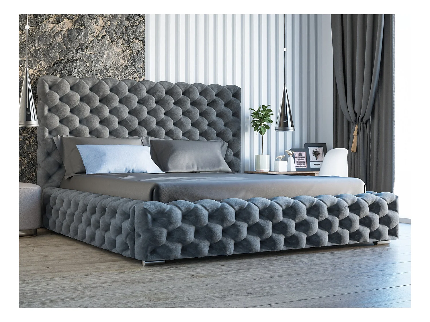 Lit rembourré avec rangement - 120 x 200  - lit double - velours - gris foncé - Heaven