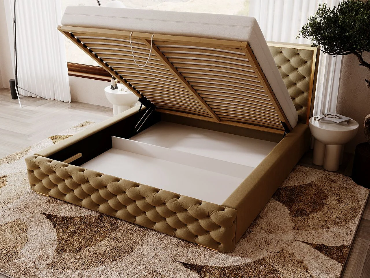 Lit rembourré avec rangement - 120 x 200 - lit double - velours - marron - Wave