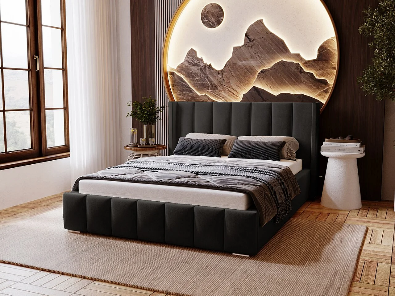 Lit rembourré avec rangement - 120 x 200 - lit double - velours - noir - Marano