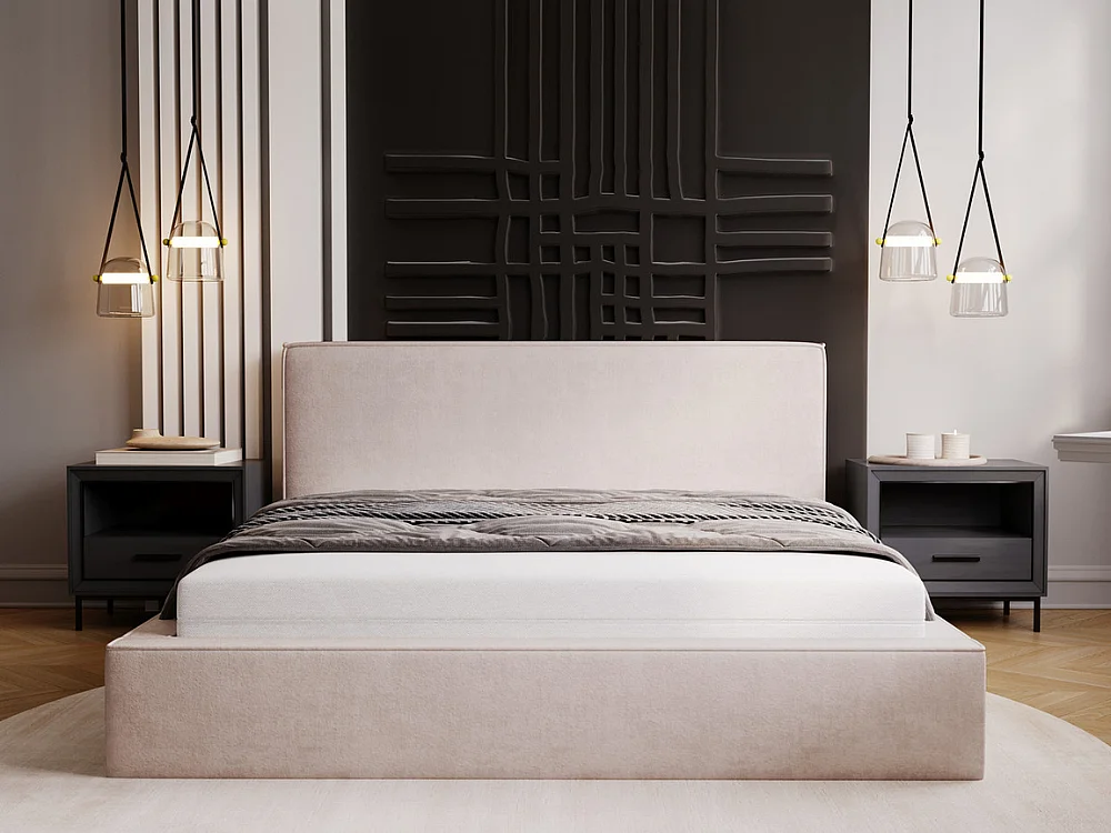 Lit rembourré avec rangement - 180 x 200 - lit double - velours - beige - Monaco