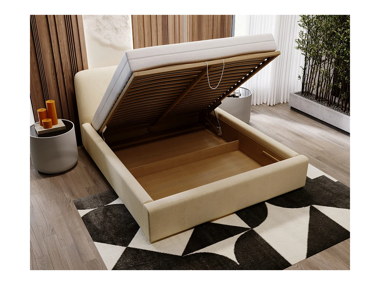 Lit rembourré avec rangement - 120 x 200 - lit double - velours - beige - Palermo
