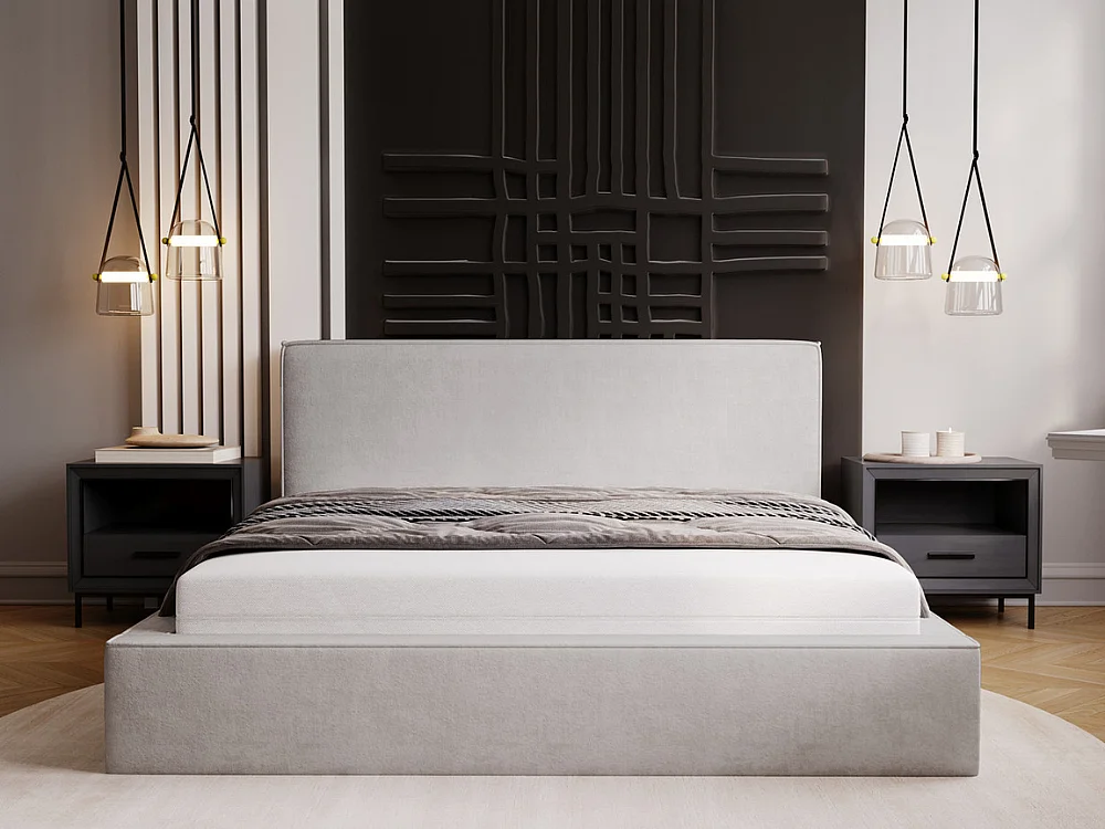 Lit rembourré avec rangement - 120 x 200 - lit double - velours - gris clair - Monaco