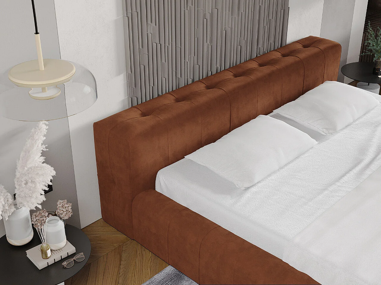 Lit rembourré avec rangement - 160 x 200 - lit double - velours - marron - Lipari