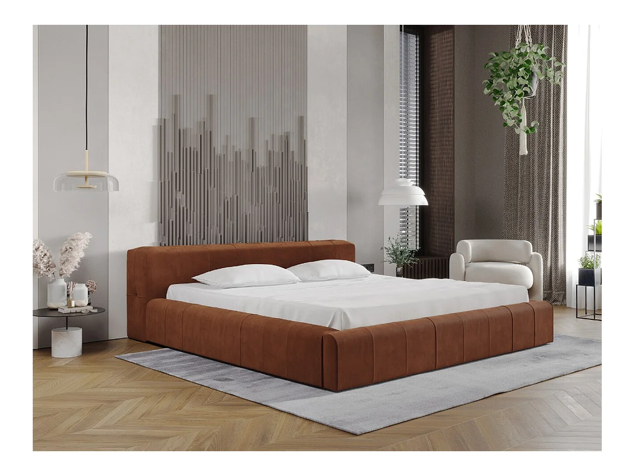 Lit rembourré avec rangement - 160 x 200 - lit double - velours - marron - Lipari
