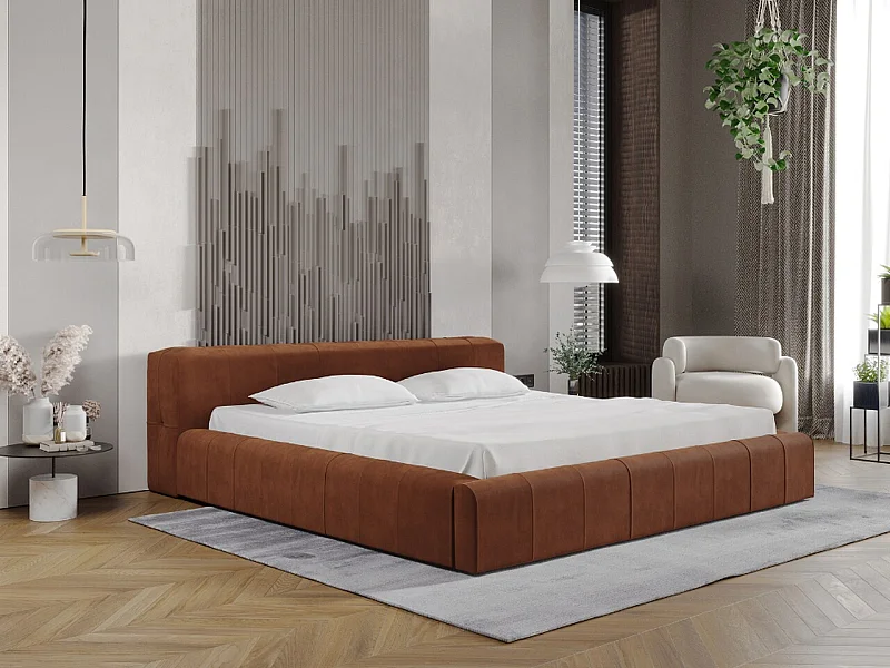 Gestoffeerd bed Lipari 160x200 bruin - opbergruimte voor beddengoed, houten lattenbodem, doorgestikt hoofdbord en bedframe