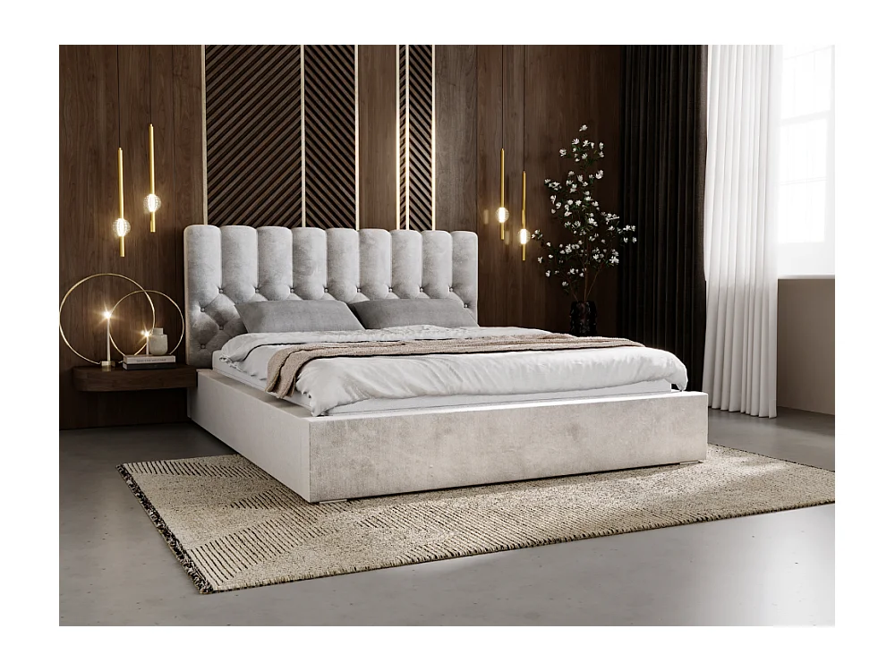 Lit rembourré avec rangement - 200 x 200 - lit double - velours - gris clair - Roma