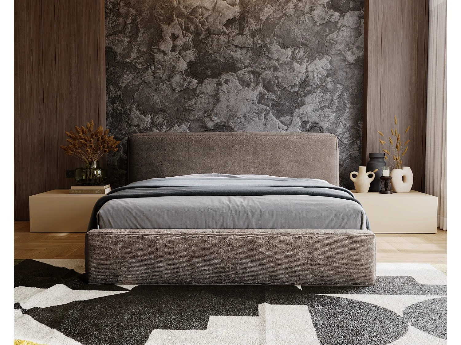 Lit rembourré avec rangement - 140 x 200 - lit double - chenille - marron - Monza