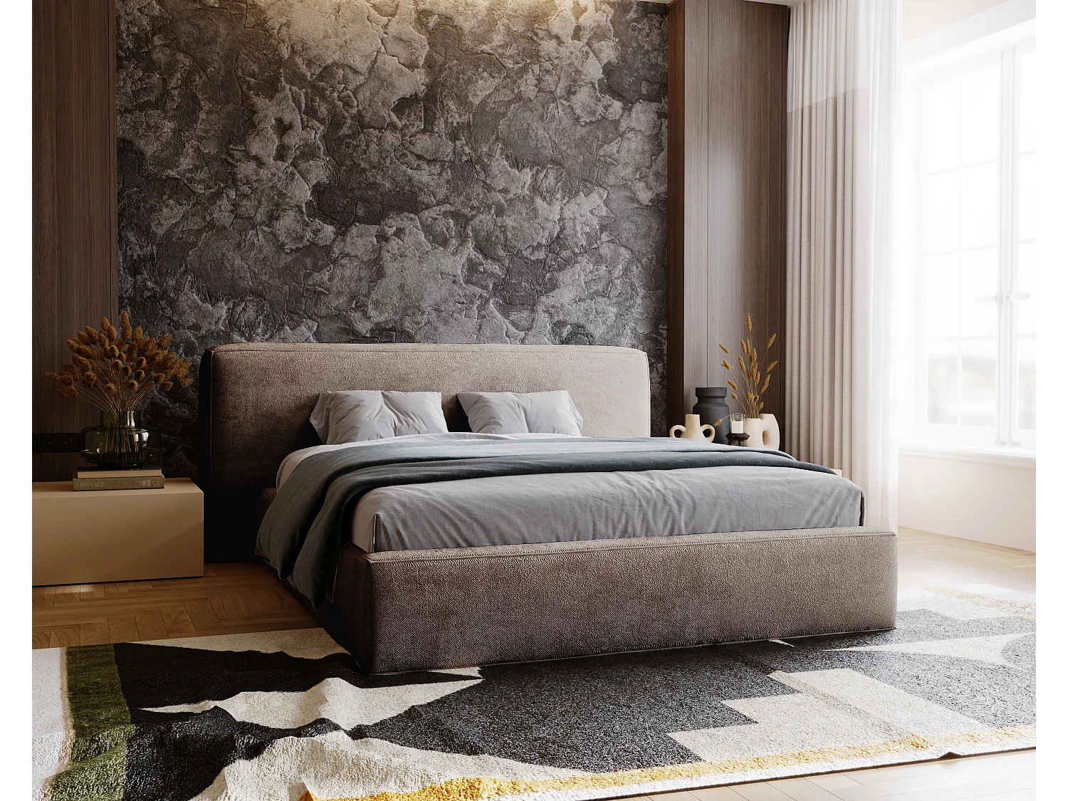 Polsterbett mit Bettkasten - 140 x 200 - Chenille-Stoff - Braun - Bett mit Lattenrost - MONZA