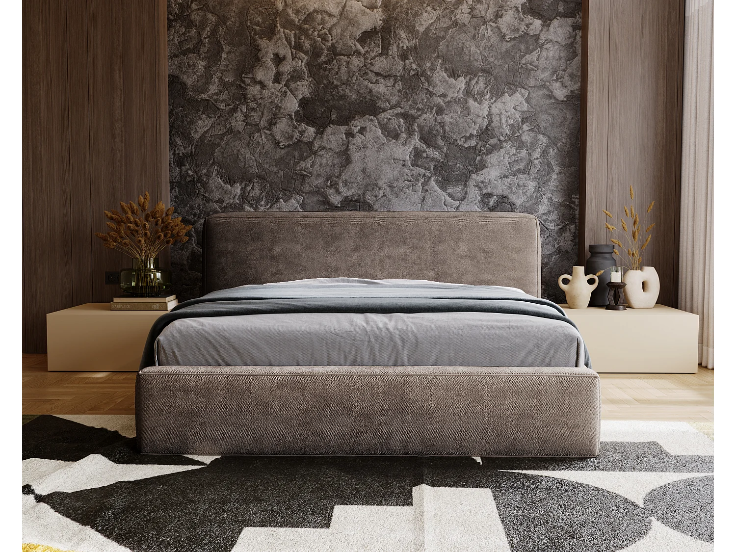 Polsterbett mit Bettkasten - 140 x 200 - Chenille-Stoff - Braun - Bett mit Lattenrost - MONZA