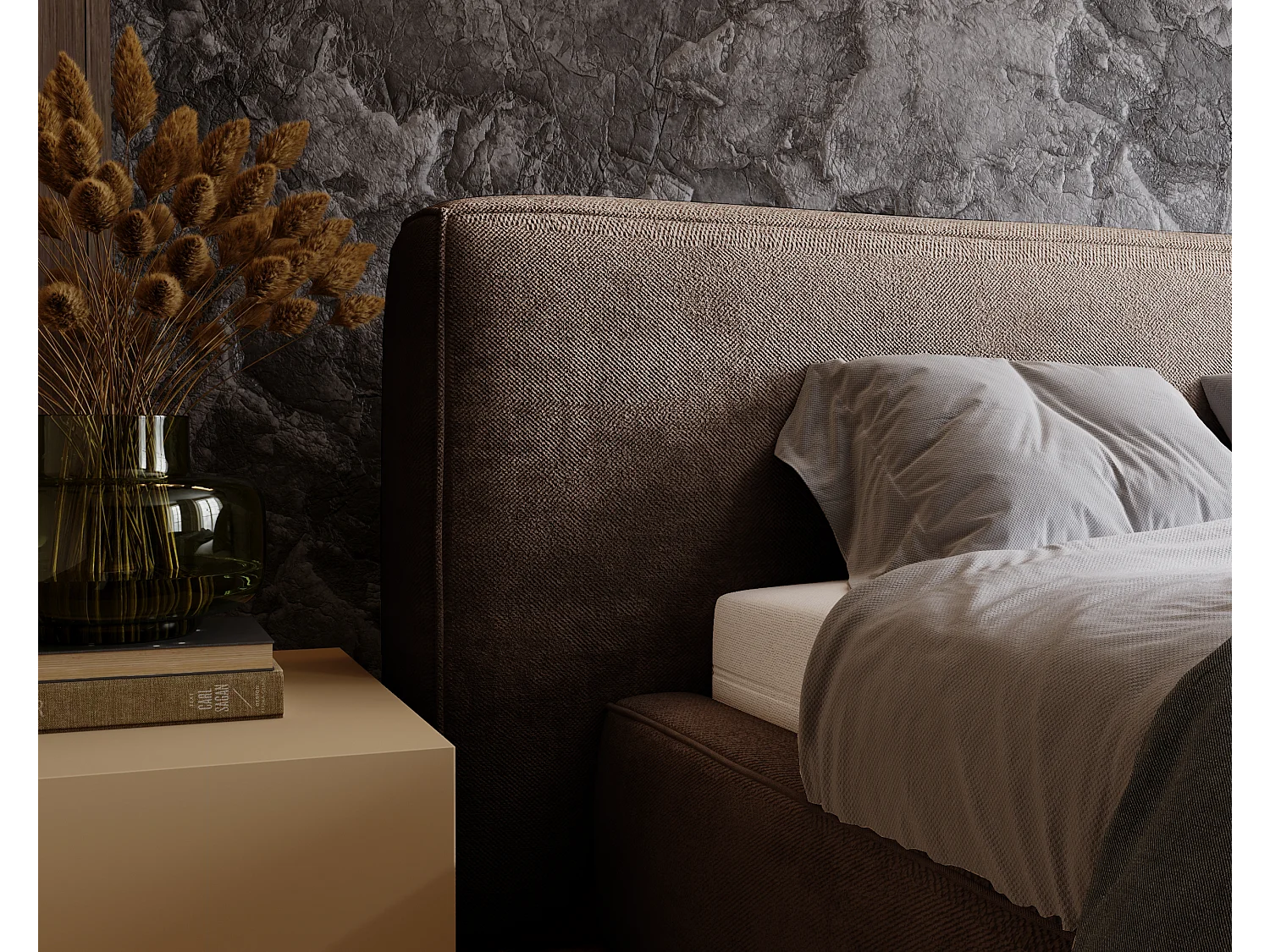 Polsterbett mit Bettkasten - 140 x 200 - Chenille-Stoff - Braun - Bett mit Lattenrost - MONZA