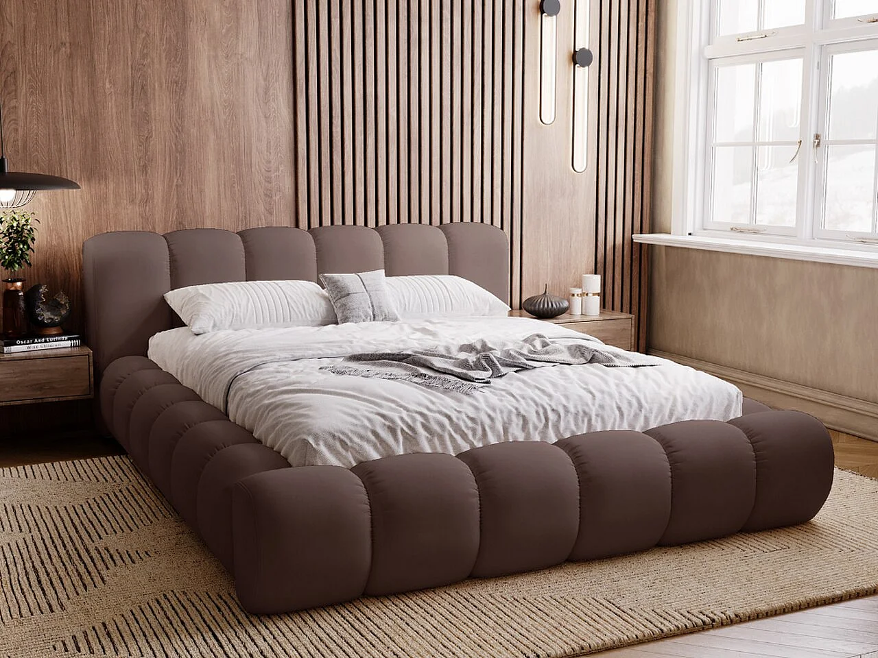 Polsterbett mit Bettkasten - 180 x 200 - Samtstoff - Braun - Bett mit Lattenrost - DORIA