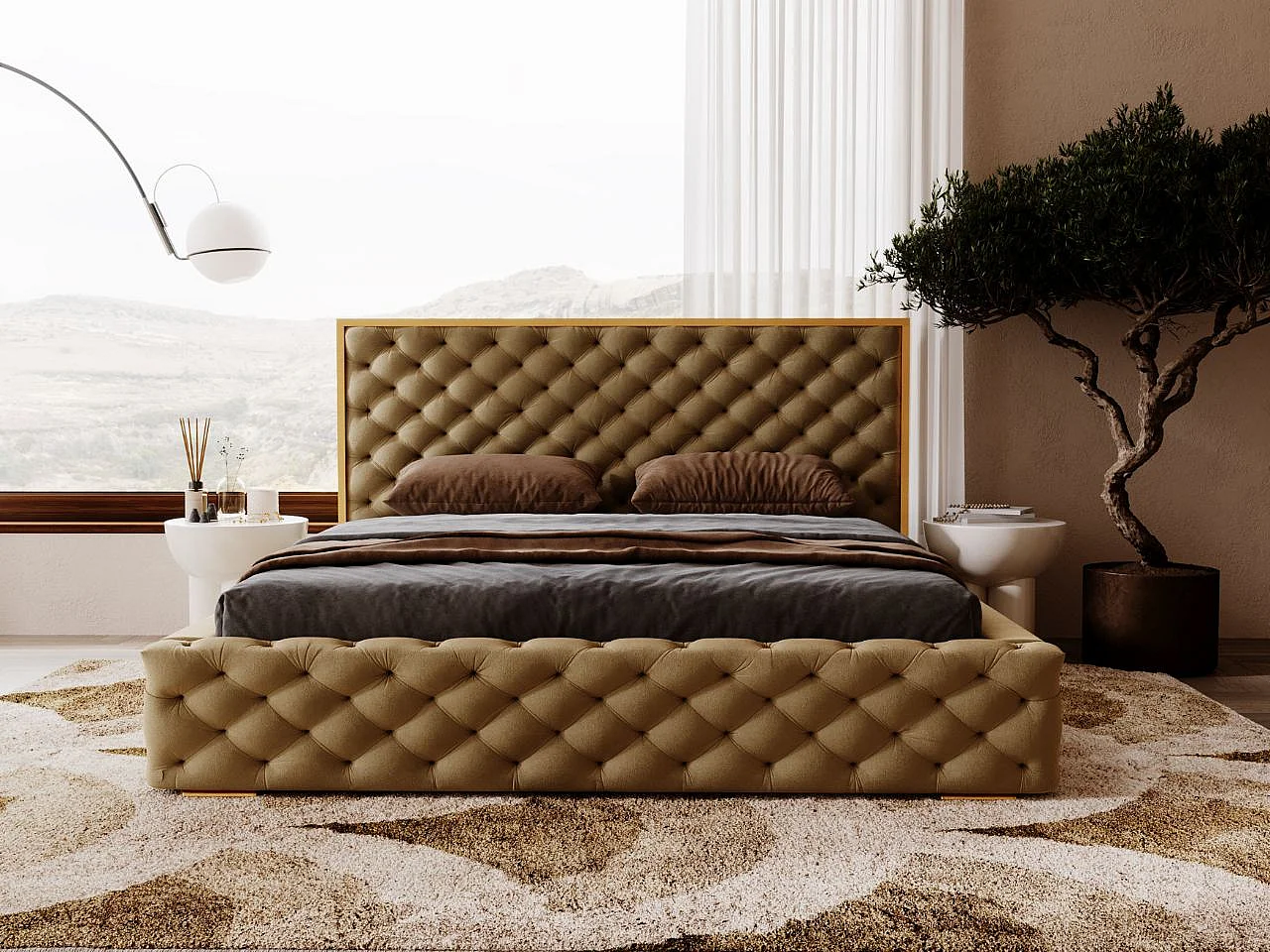 Gestoffeerd bed Wave 160x200 bruin - opbergruimte voor beddengoed, houten lattenbodem, doorgestikt hoofdbord en bedframe