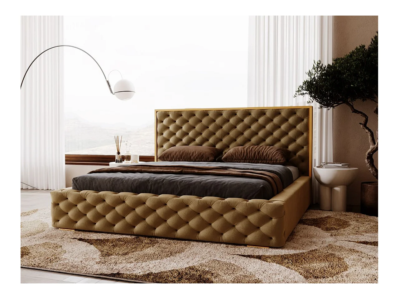 Lit rembourré avec rangement - 160 x 200 - lit double - velours - marron - Wave