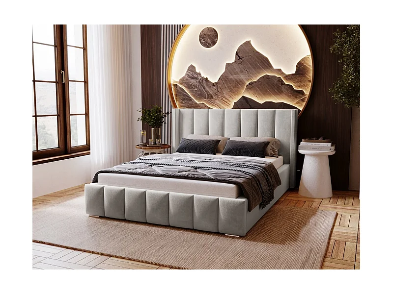 Polsterbett mit Bettkasten - 180 x 200 - Samtstoff - Hellgrau - Bett mit Lattenrost - MARANO