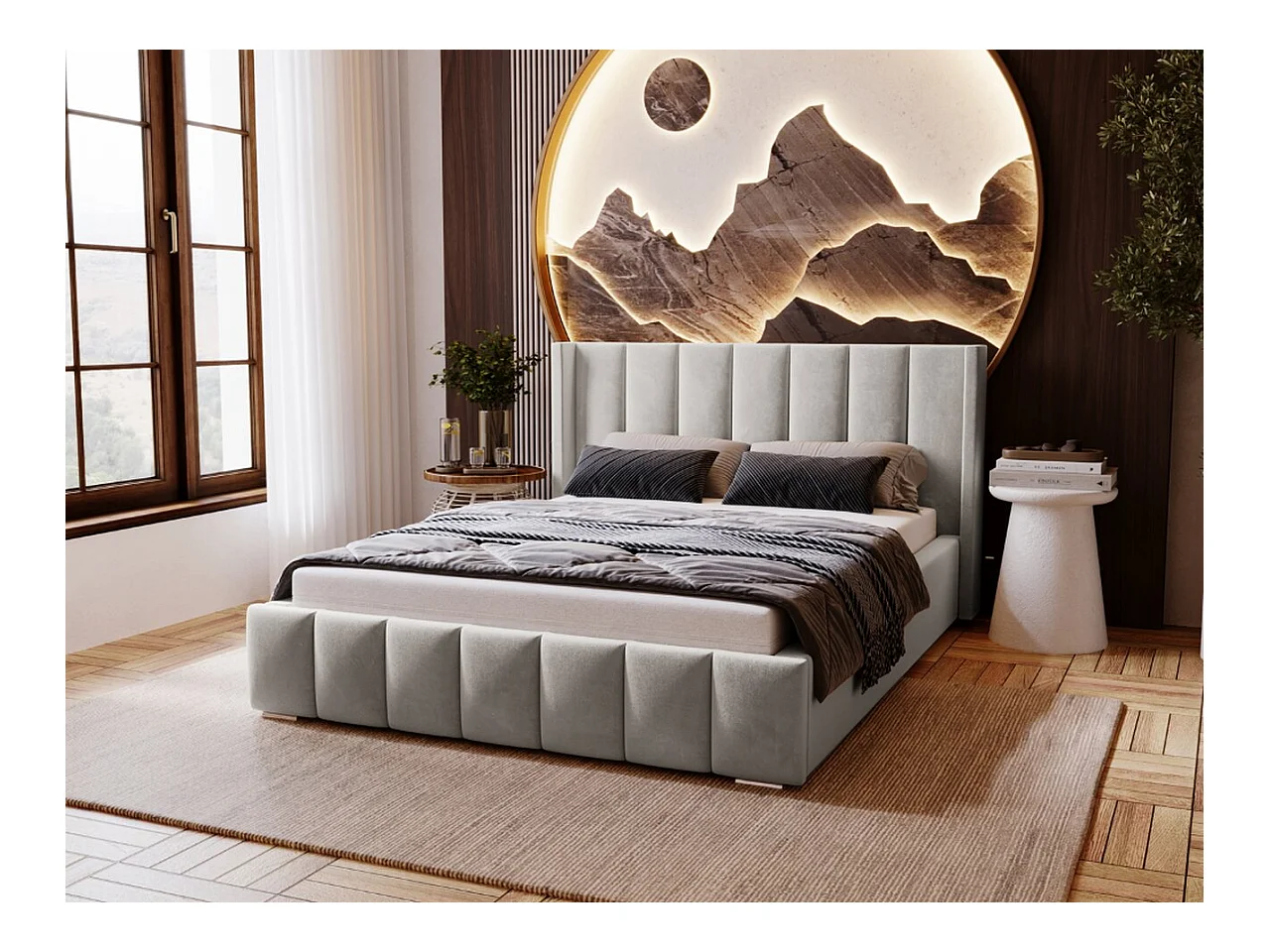 Lit rembourré avec rangement - 180 x 200 - lit double - velours - gris clair - Marano