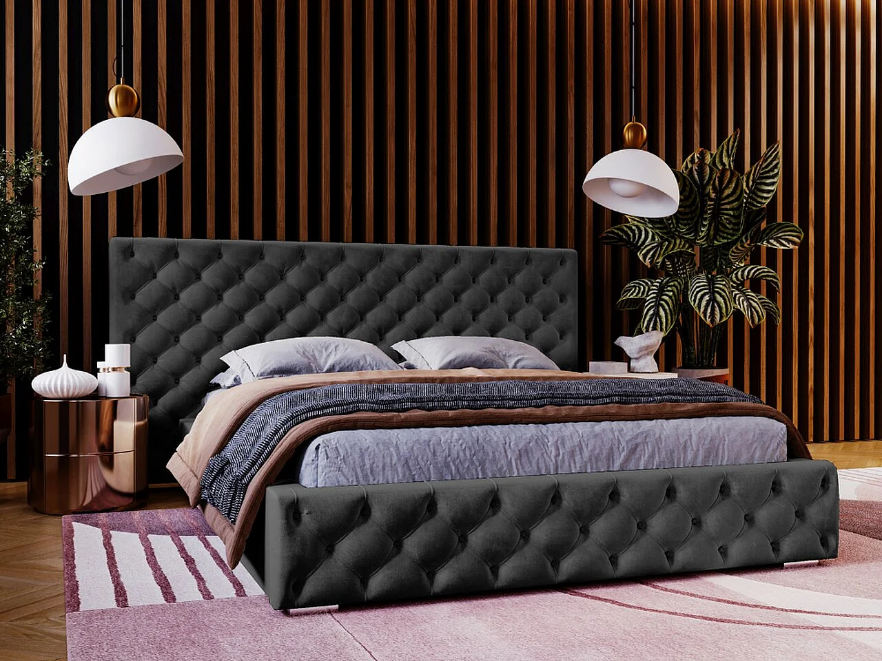 Lit rembourré avec rangement - 140 x 200 - lit double - velours - noir - Madera