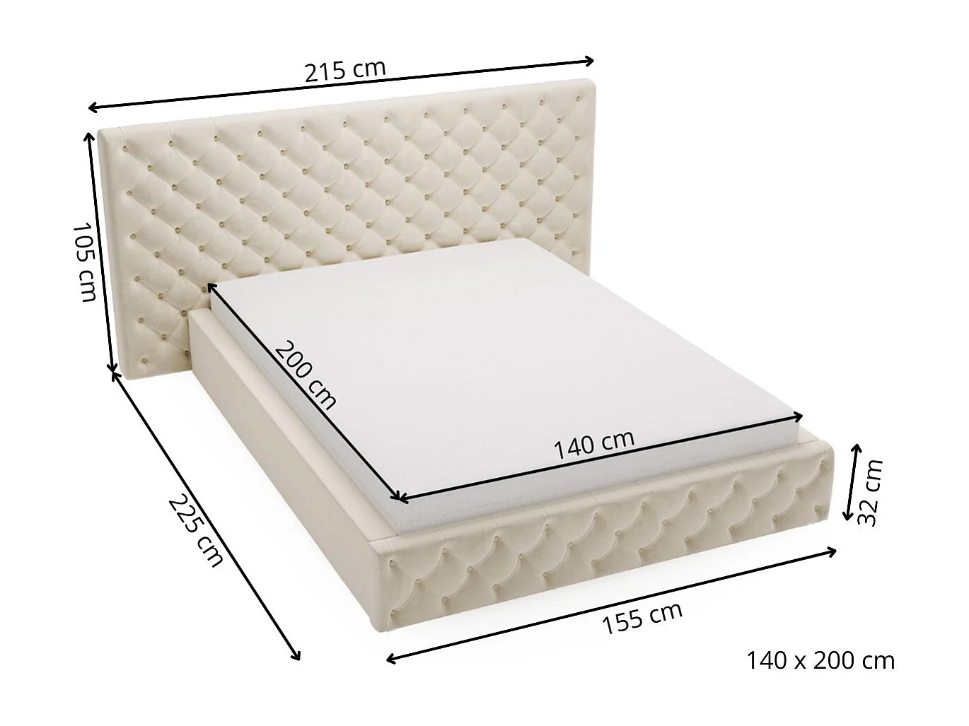 Lit rembourré avec rangement - 140 x 200 - lit double - velours - noir - Madera