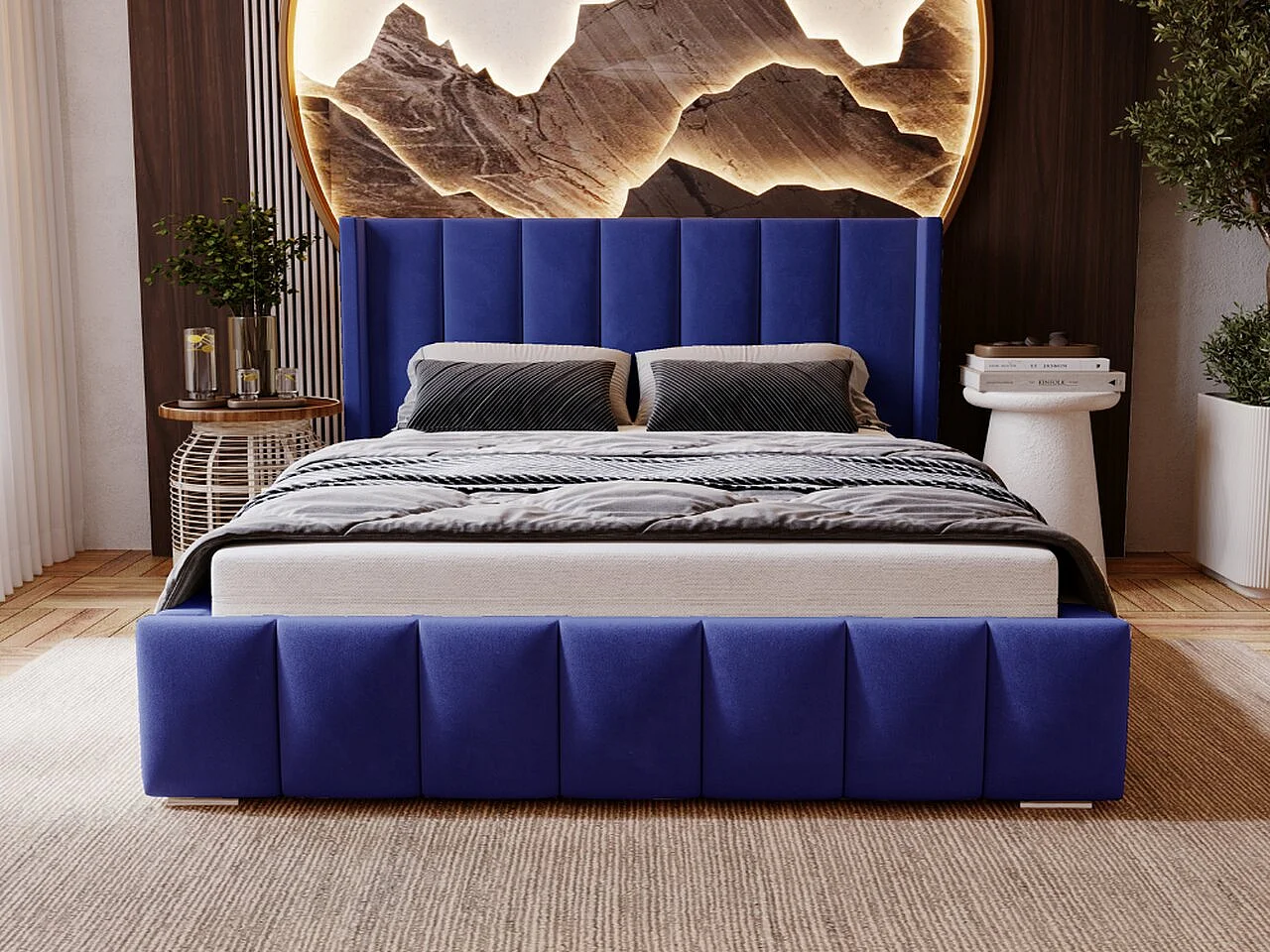 Lit rembourré avec rangement - 200 x 200 - lit double - velours - bleu - Marano