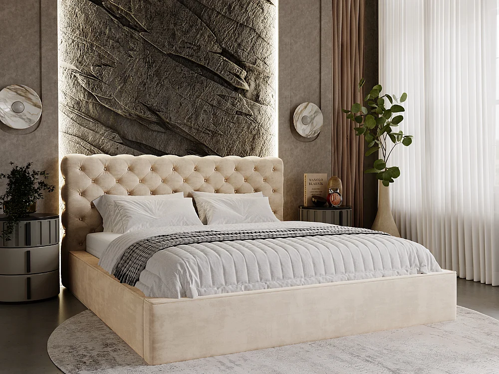Lit rembourré avec rangement - 180 x 200 - lit double - velours - beige - Apollo