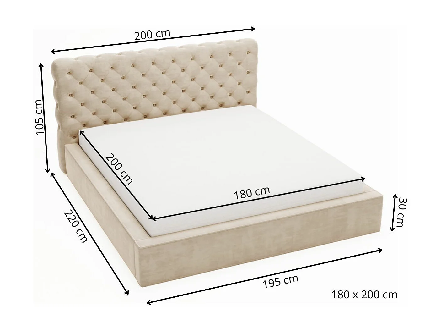 Lit rembourré avec rangement - 180 x 200 - lit double - velours - beige - Apollo