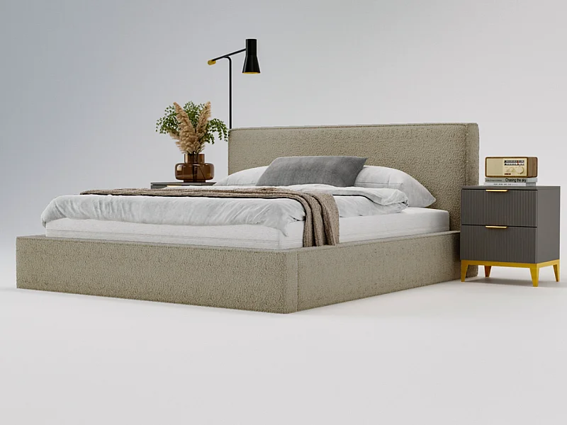 Lit rembourré avec rangement - 200 x 200 - lit double - bouclé - marron - Monaco