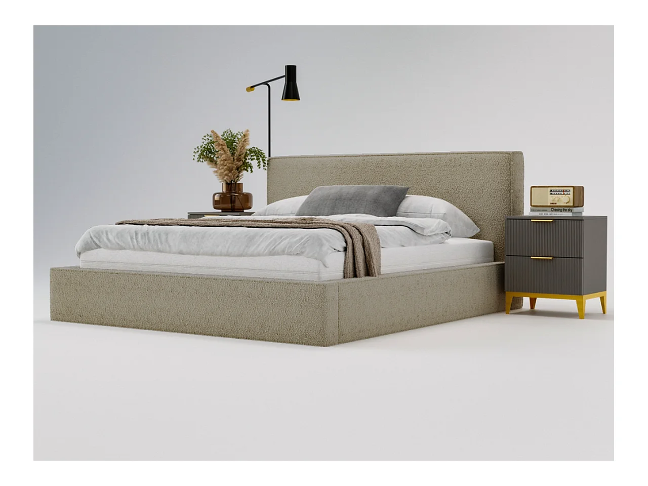 Lit rembourré avec rangement - 200 x 200 - lit double - bouclé - marron - Monaco