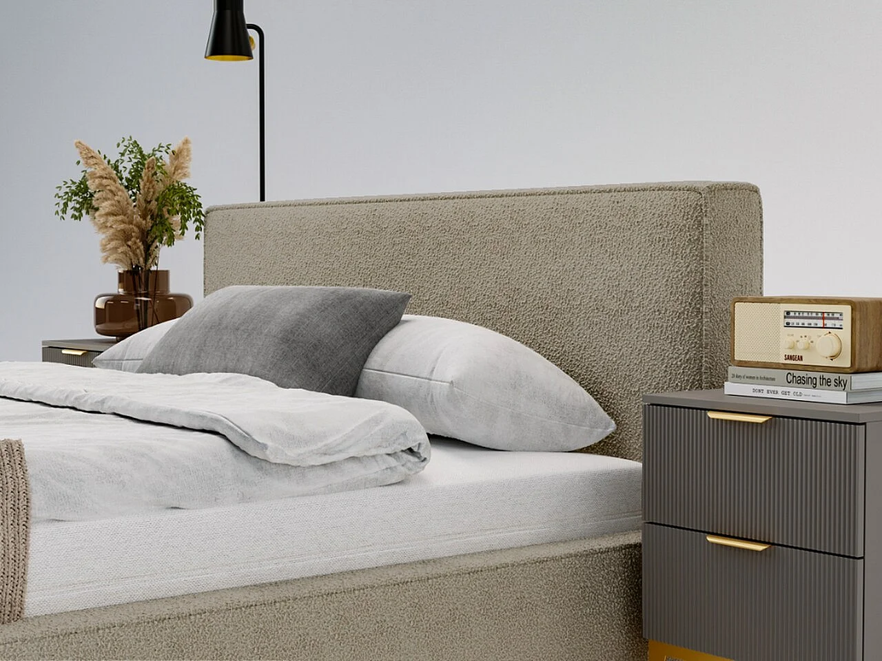 Lit rembourré avec rangement - 200 x 200 - lit double - bouclé - marron - Monaco