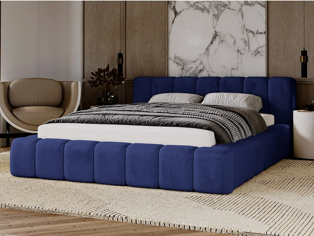 Gestoffeerd bed Ibiza 140x200 blauw - opbergruimte voor beddengoed, houten lattenbodem, doorgestikt hoofdbord en bedframe.