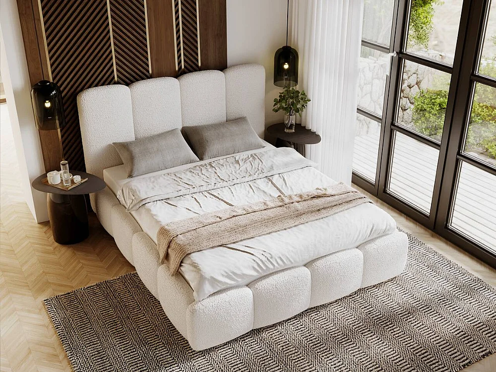 Lit rembourré avec rangement - 160 x 200 - lit double - bouclé - crème - Galli