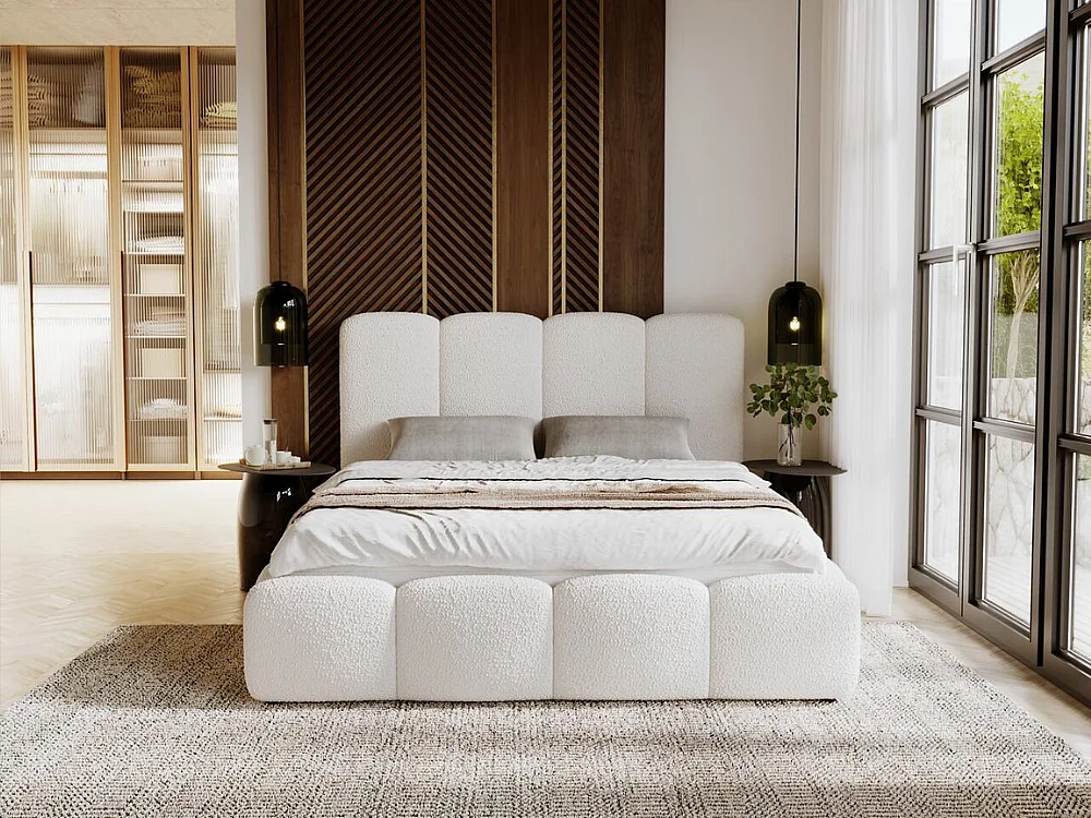 Lit rembourré avec rangement - 160 x 200 - lit double - bouclé - crème - Galli