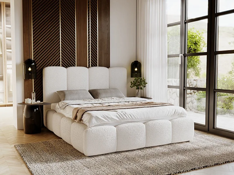 Gestoffeerd bed Galli 160x200 crème - opbergruimte voor beddengoed, houten lattenbodem, doorgestikt hoofdbord en bedframe