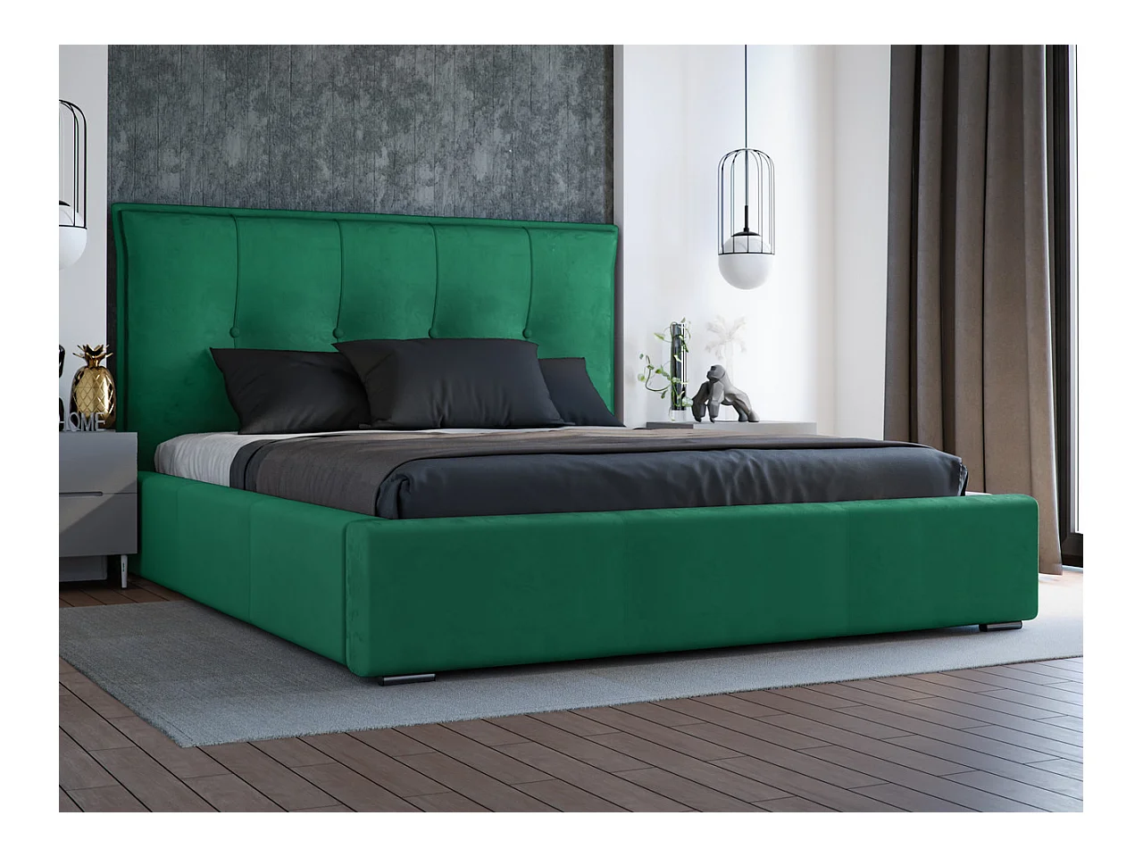 Lit rembourré avec rangement - 180 x 200 - lit double - velours - vert - Valencia
